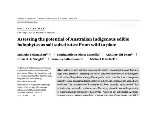 Portada artículo "Assessing the potential of Australian indigenous edible halophytes as salt substitutes: From wild to plate"