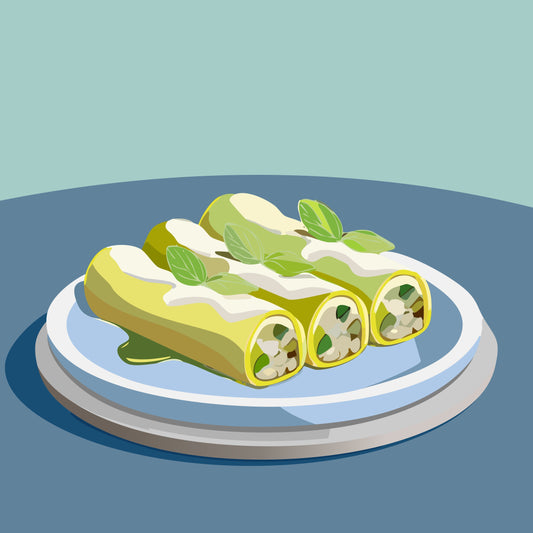 Tres canelones de pescado y marisco, con bechamel de salicornia por encima