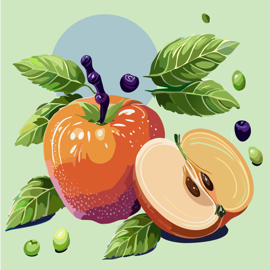 Ilustración de dos manzanas rojas, una de ellas partida por la mitad.