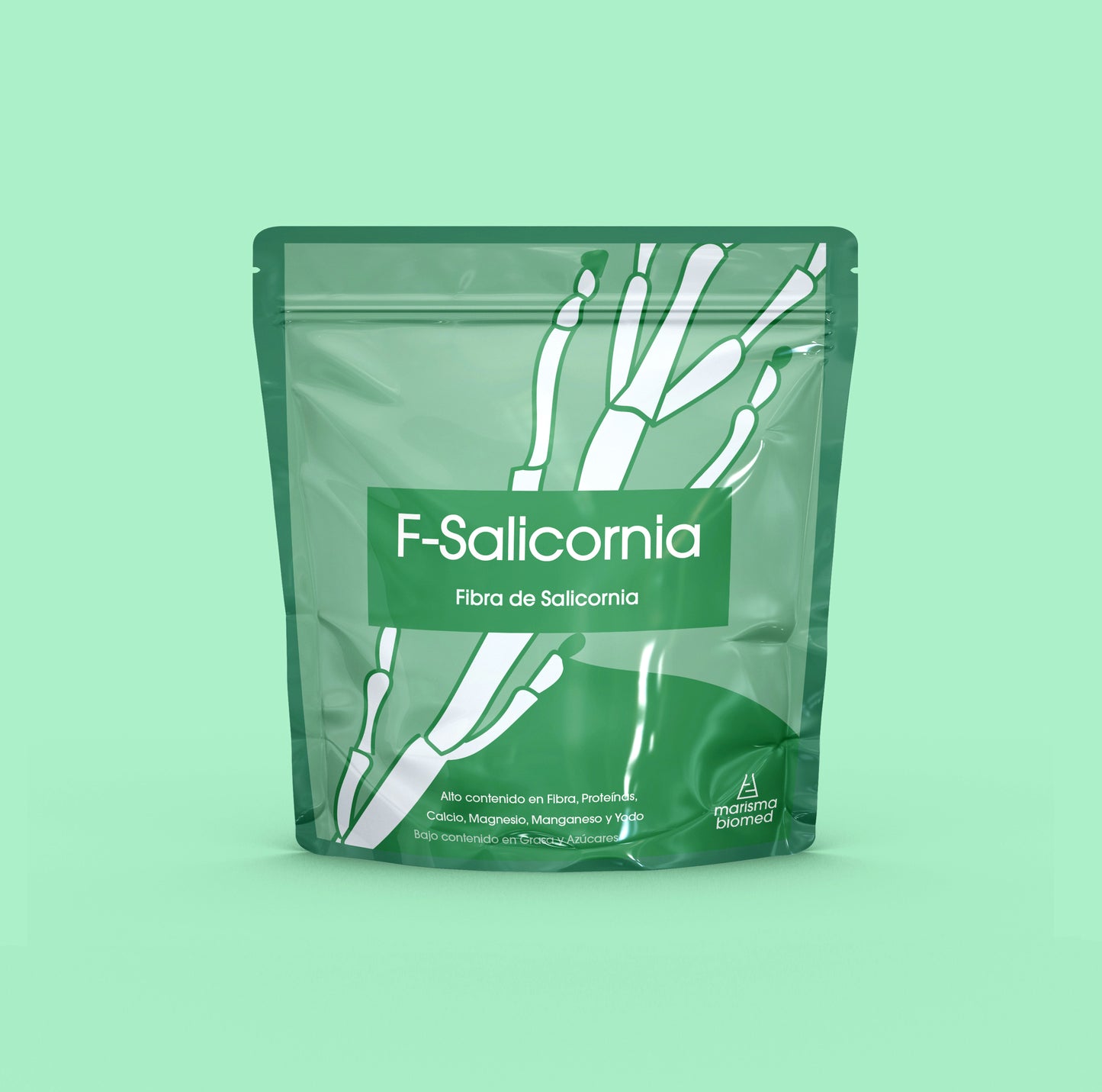 Packaging con el dibujo de una salicornia, de F-Salicornia, fibra soluble de Marisma Biomed. Fondo verde.