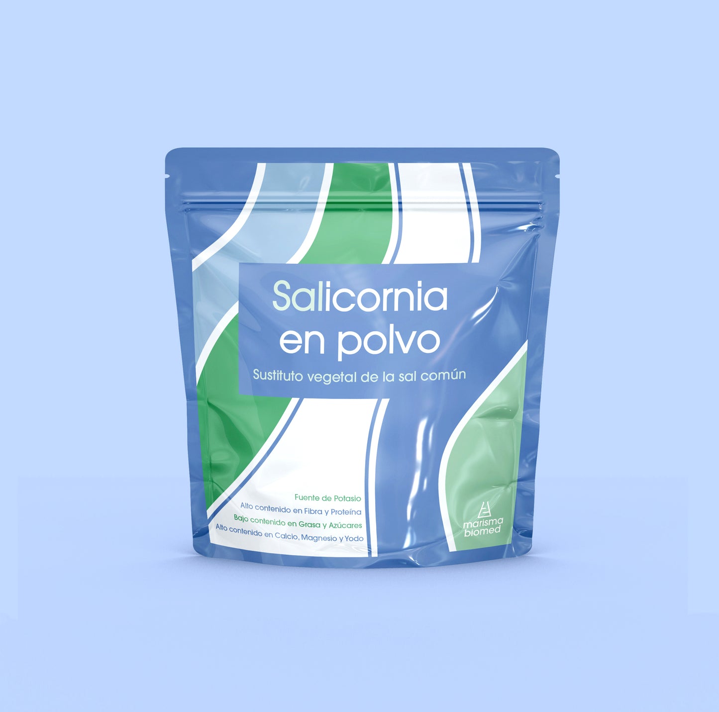 Cara delantera del packaging del producto Salicornia en polvo de Marisma Biomed. Fondo azul.