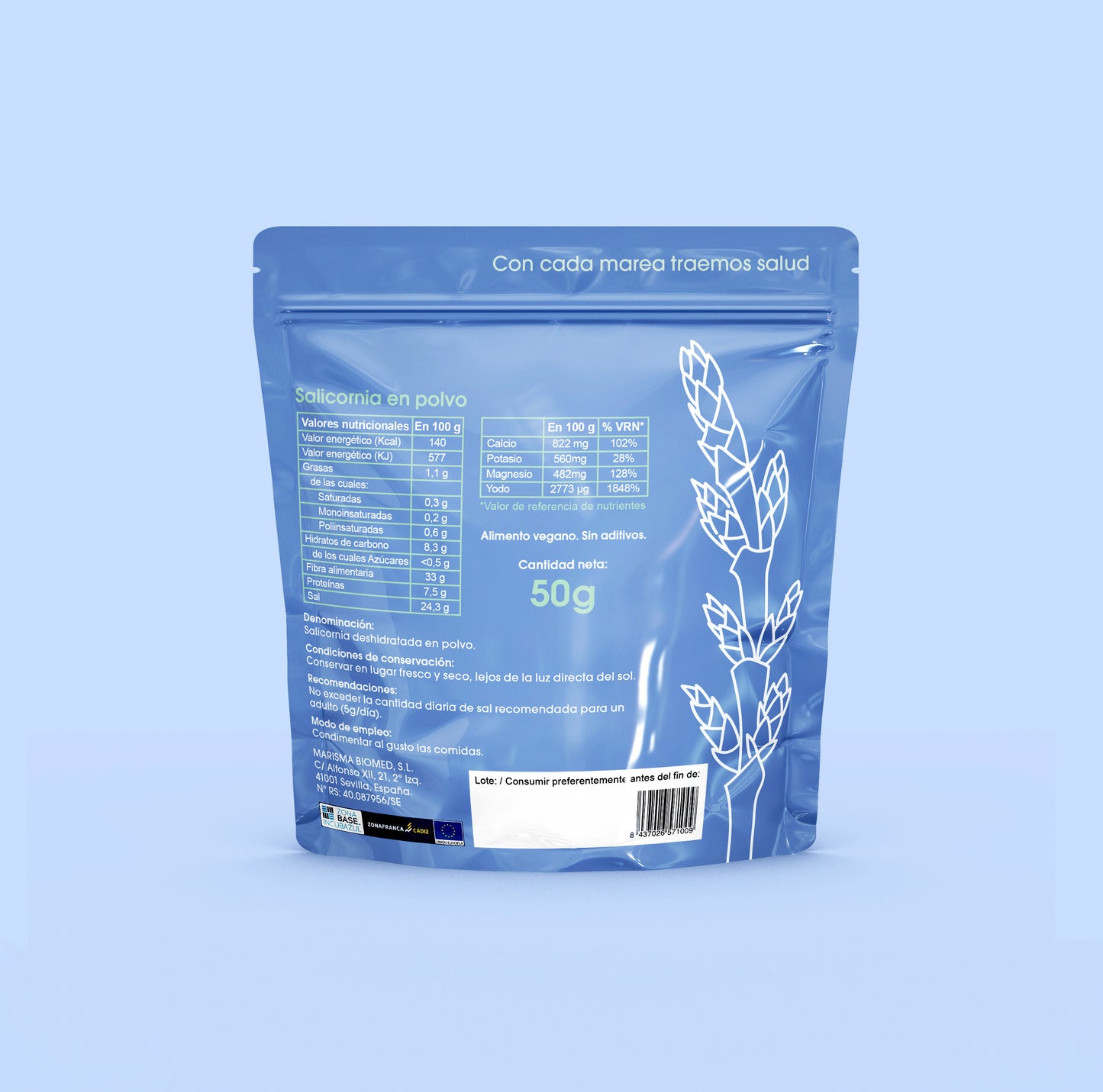 Cara trasera del packaging del producto Salicornia en polvo de Marisma Biomed. Fondo azul.