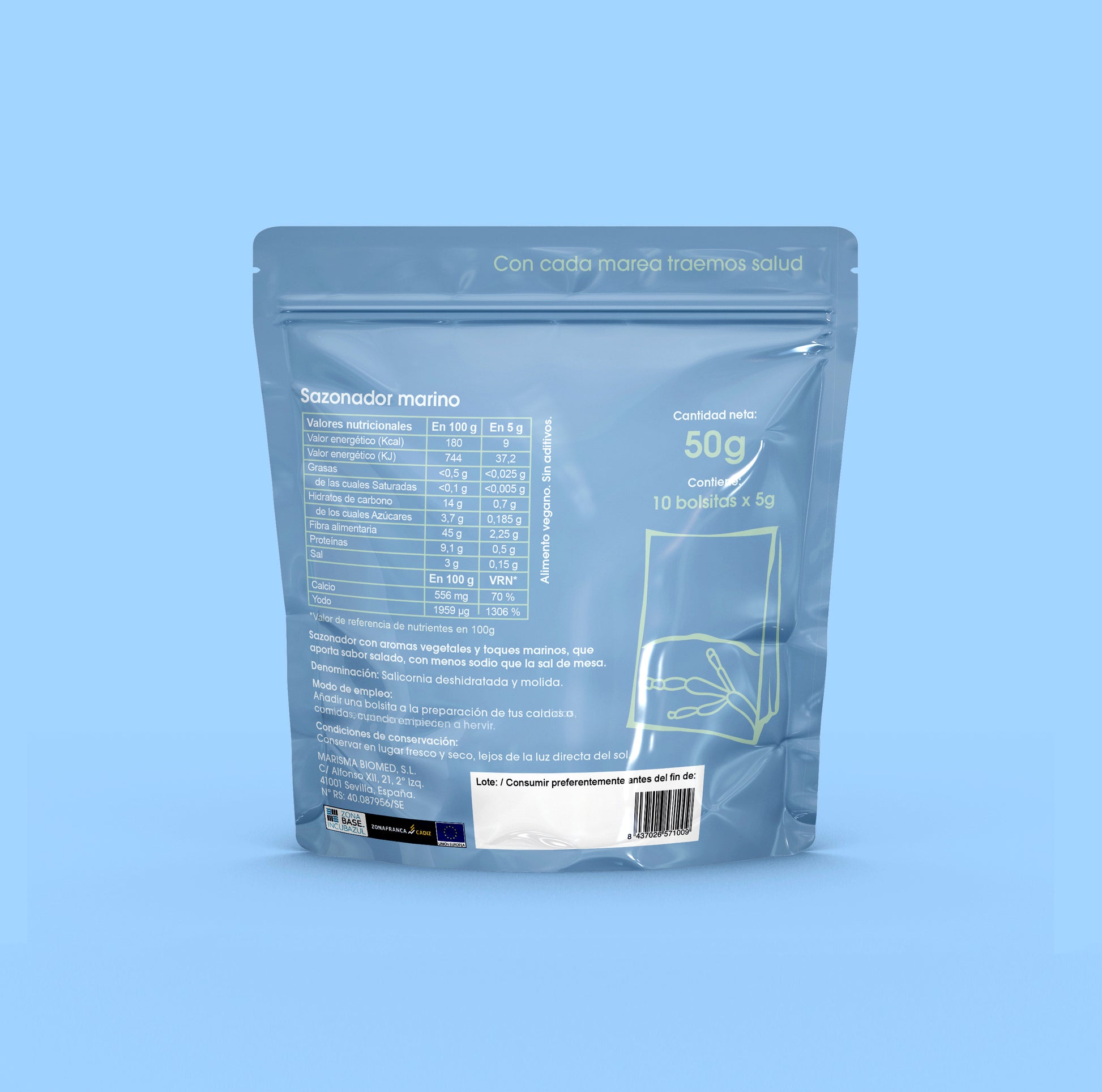 Cara trasera del packaging del producto Sazonador Marino de Marisma Biomed. Fondo azul.