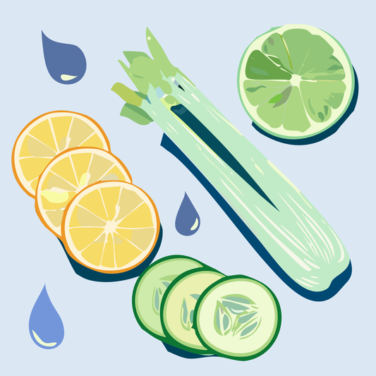 Ilustración de diferentes alimentos diuréticos: apio, lima, pepino, limón. Y gotas de agua alrededor.