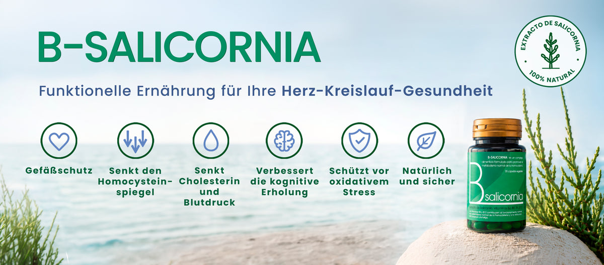 B-Salicornia. Funktionelle Ernährung für Ihre Herz-Kreislauf-Gesundheit. Nahrungsergänzungsmittel mit 100 % natürlichem Salicornia-Extrakt. Wichtige Vorteile: schützt die Gefäße, trägt zur Senkung von Homocystein, Cholesterin und Blutdruck bei, fördert die kognitive Regeneration, schützt vor oxidativem Stress und ist natürlich sowie sicher.