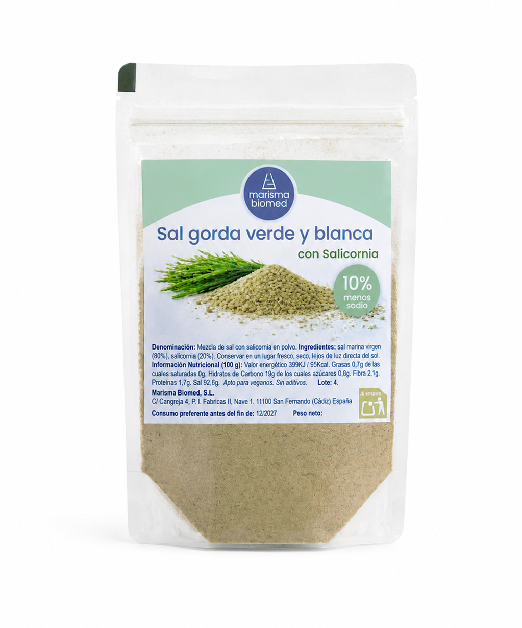 Sal gorda verde y blanca con salicornia