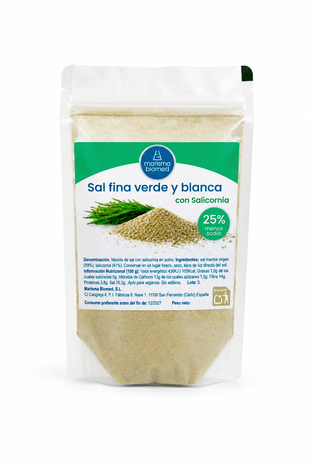 Sal fina verde y blanca | Salicornia y sal marina virgen BIO | 25% menos sodio