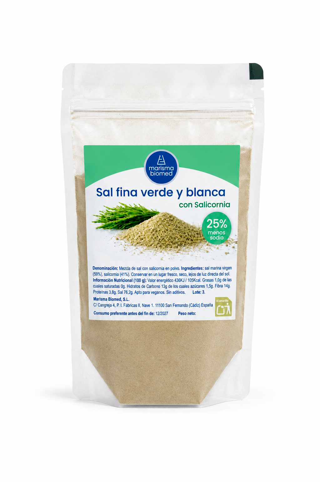 Sal fina verde y blanca | Salicornia y sal marina virgen BIO | 25% menos sodio