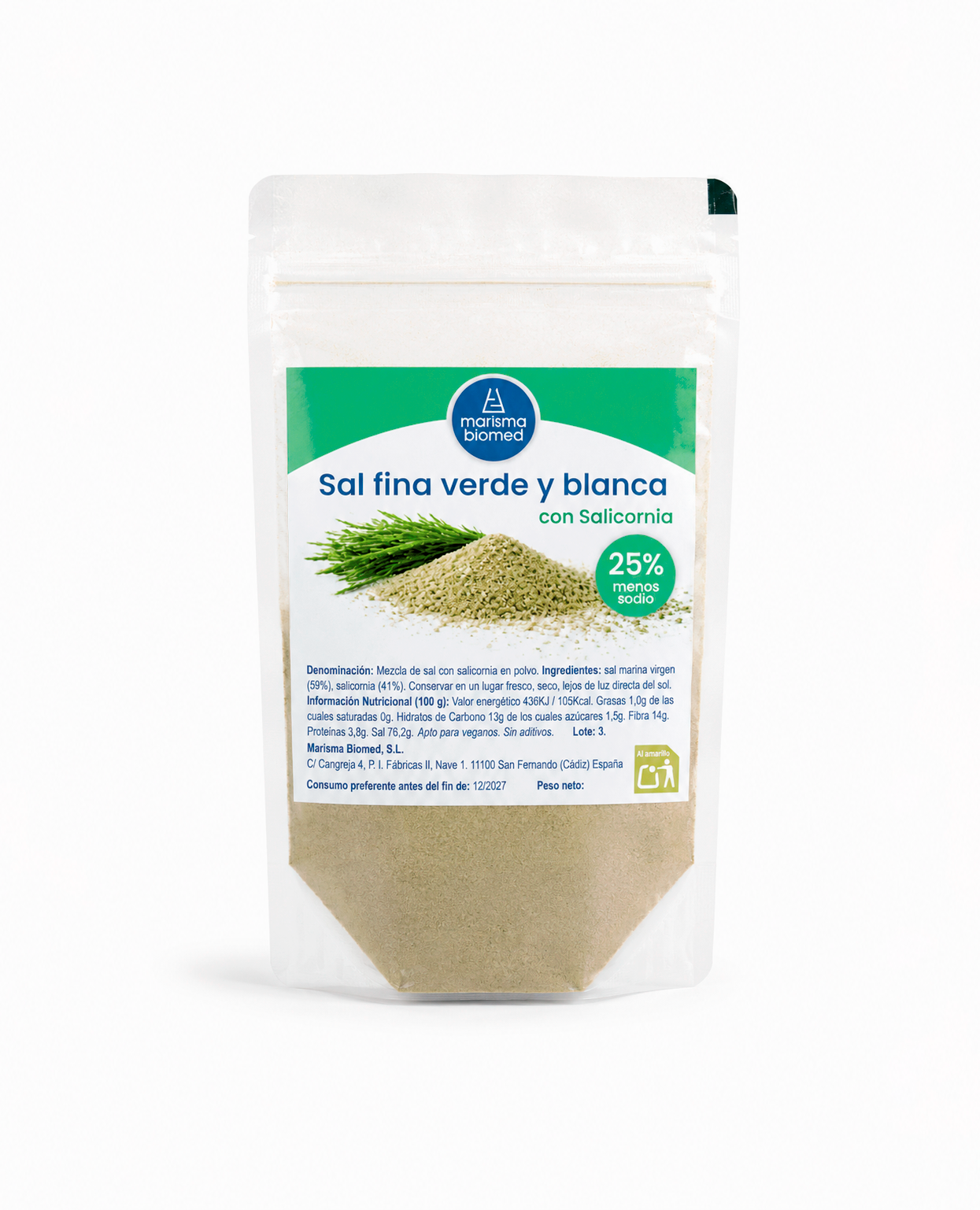 Sal fina verde y blanca | Salicornia y sal marina virgen BIO | 25% menos sodio