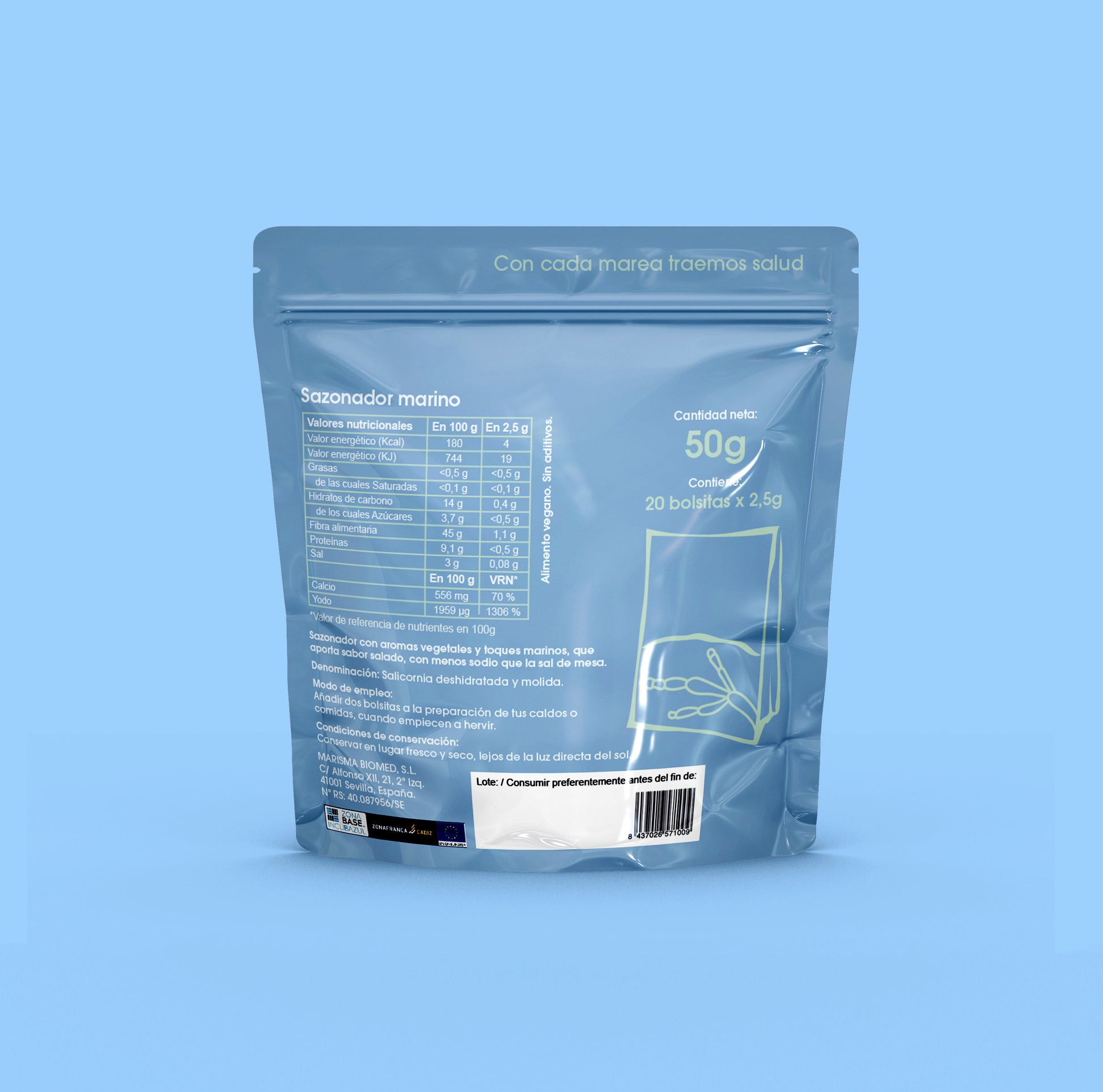 Cara trasera del packaging del producto Sazonador Marino de Marisma Biomed. Fondo azul.